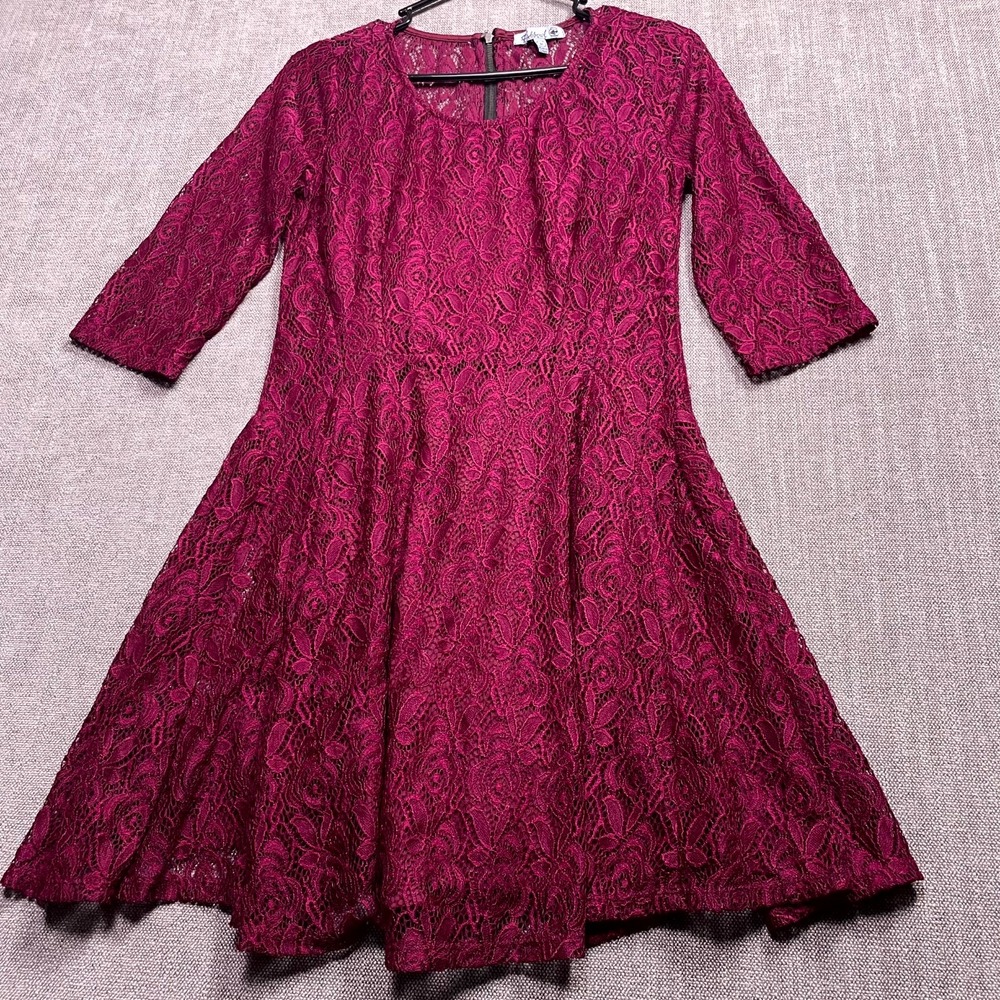 Fishbowl Fit & Flare Dress Womens Medium Burgundy Lace Floral Back Zip Cocktail